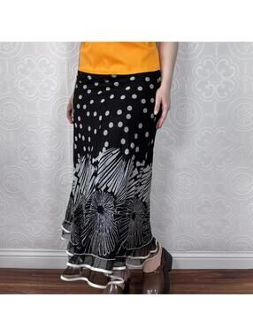 Vintage Fairy Maxi Skirt Size Large Black White Floral Polka Dot by Sweet Salt